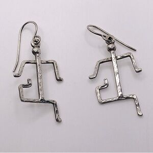 Vtg Sterling Silver Hammered Tribal Style Stick Man Running Earrings 1.7”